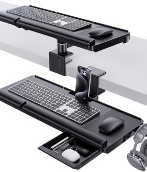 Klearlook Upgraded Adjustable Keyboard Tray for Above Desk & Under Desk Use – Ergonomic Sit-Stand Keyboard Riser with 360° Rotation, 24.4″×10″ Keyboard Stand with Wrist Rest & Storage Drawer – Black